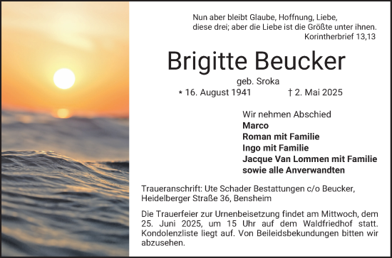 Traueranzeige von Brigitte Beucker von Bergsträßer Anzeiger
