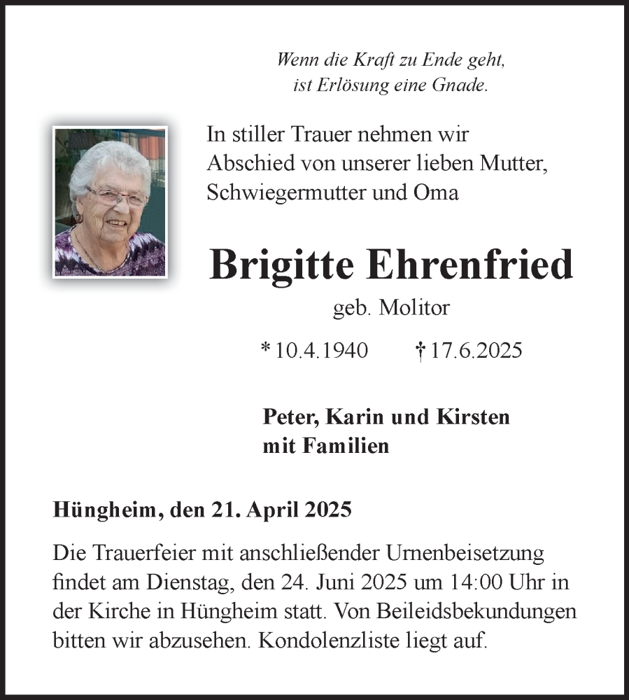  Traueranzeige für Brigitte Ehrenfried vom 21.06.2025 aus Fränkische Nachrichten