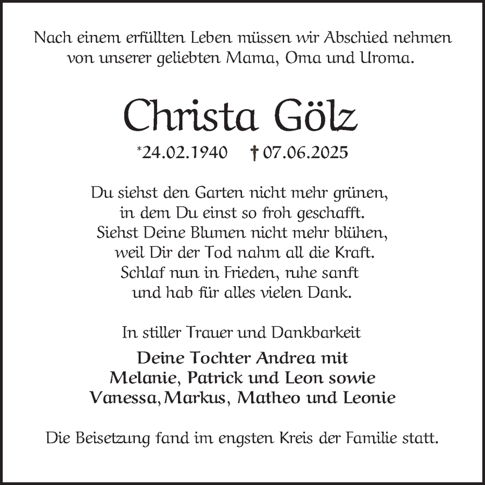  Traueranzeige für Christa Gölz vom 28.06.2025 aus Mannheimer Morgen