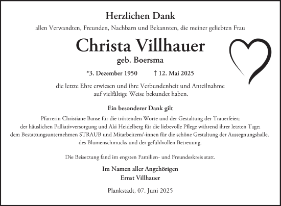 Traueranzeige von Christa Villhauer von Schwetzinger Zeitung