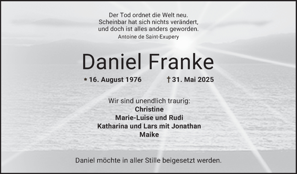 Traueranzeige für Daniel Franke vom 14.06.2025 aus Bergsträßer Anzeiger