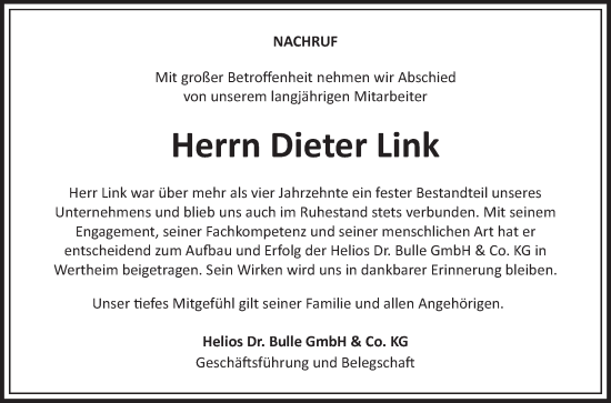 Traueranzeige von Dieter Link von Fränkische Nachrichten