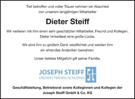 Traueranzeige von Dieter Steiff von Fränkische Nachrichten