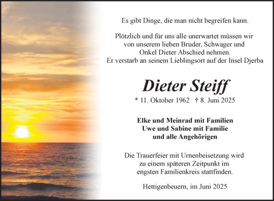 Traueranzeige von Dieter Steiff von Fränkische Nachrichten