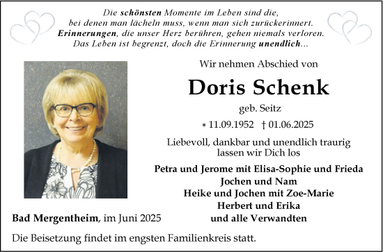 Traueranzeige von Doris Schenk von Fränkische Nachrichten