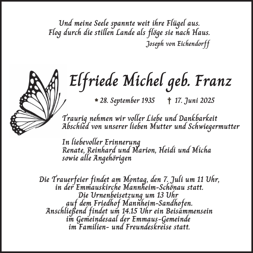  Traueranzeige für Elfriede Michel vom 28.06.2025 aus Mannheimer Morgen