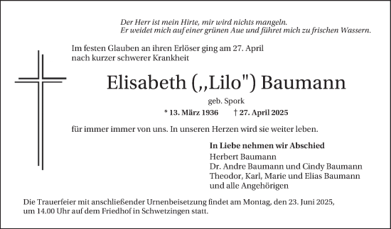Traueranzeige von Elisabeth Baumann von Schwetzinger Zeitung