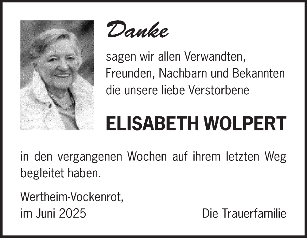  Traueranzeige für Elisabeth Wolpert vom 21.06.2025 aus Fränkische Nachrichten