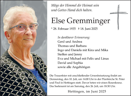 Traueranzeige von Else Gremminger von Fränkische Nachrichten