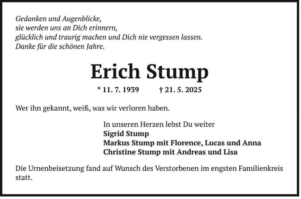  Traueranzeige für Erich Stump vom 10.06.2025 aus Mannheimer Morgen
