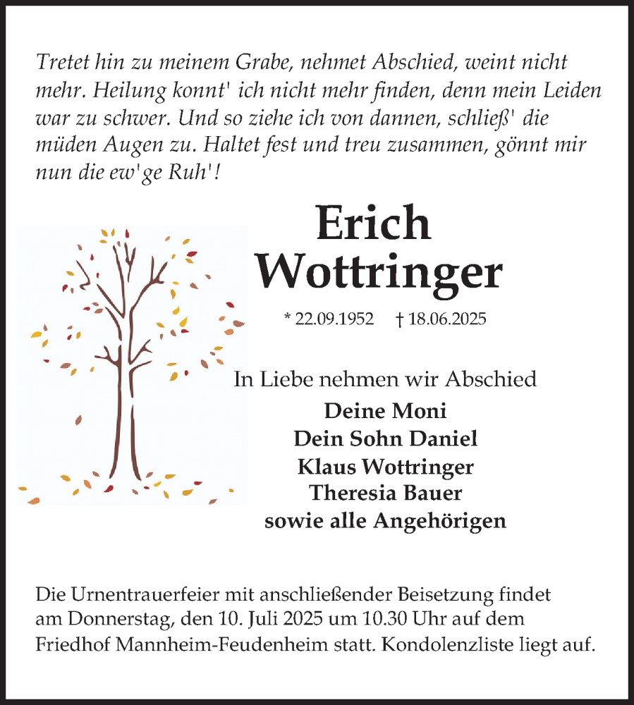  Traueranzeige für Erich Wottringer vom 28.06.2025 aus Mannheimer Morgen