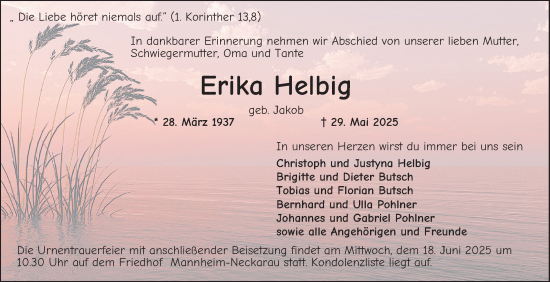 Traueranzeige von Erika Helbig von Mannheimer Morgen