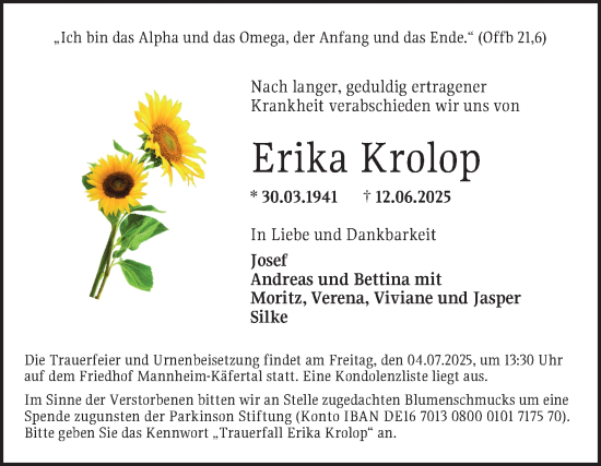 Traueranzeige von Erika Krolop von Mannheimer Morgen