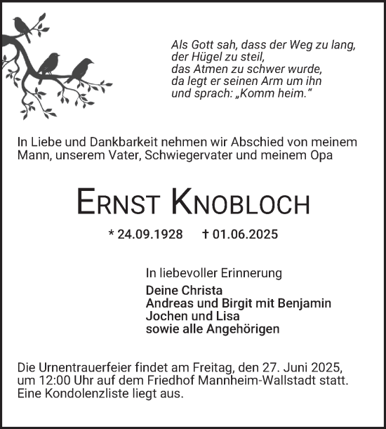 Traueranzeige von Ernst Knobloch von Mannheimer Morgen