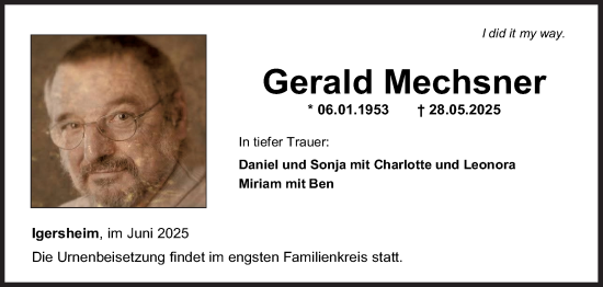 Traueranzeige von Gerald Mechsner von Fränkische Nachrichten