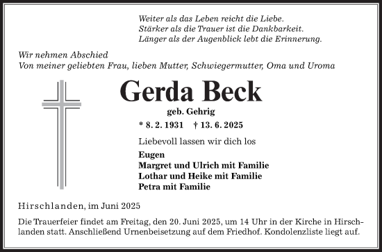 Traueranzeige von Gerda Beck von Fränkische Nachrichten