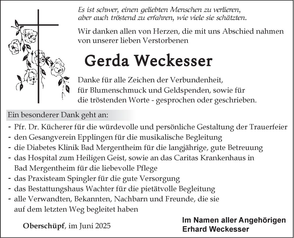  Traueranzeige für Gerda Weckesser vom 14.06.2025 aus Fränkische Nachrichten