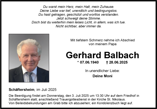 Traueranzeige von Gerhard Balbach von Fränkische Nachrichten
