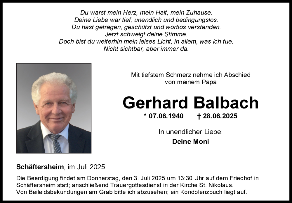  Traueranzeige für Gerhard Balbach vom 01.07.2025 aus Fränkische Nachrichten