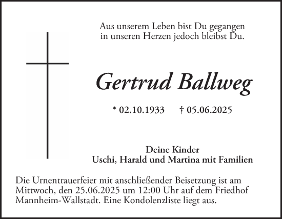 Traueranzeige von Gertrud Ballweg von Mannheimer Morgen