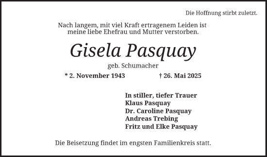 Traueranzeige von Gisela Pasquay von Mannheimer Morgen