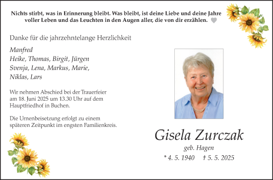 Traueranzeige von Gisela Zurczak von Fränkische Nachrichten