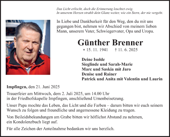 Traueranzeige von Günther Brenner von Fränkische Nachrichten