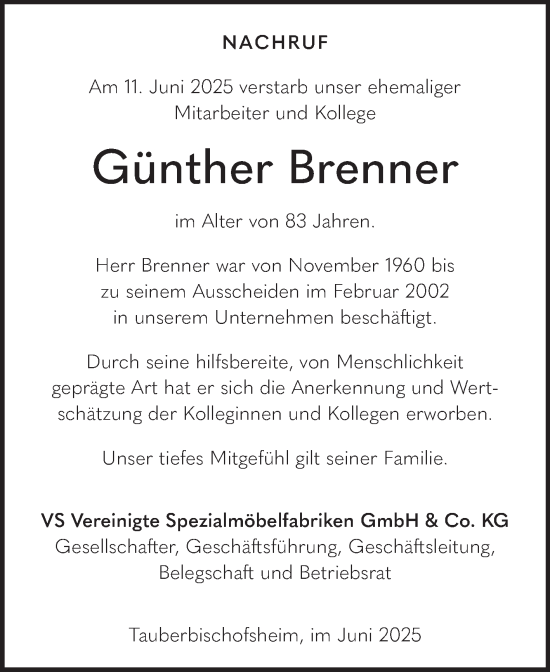 Traueranzeige von Günther Brenner von Fränkische Nachrichten