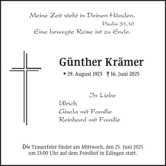 Traueranzeige von Günther Krämer von Mannheimer Morgen