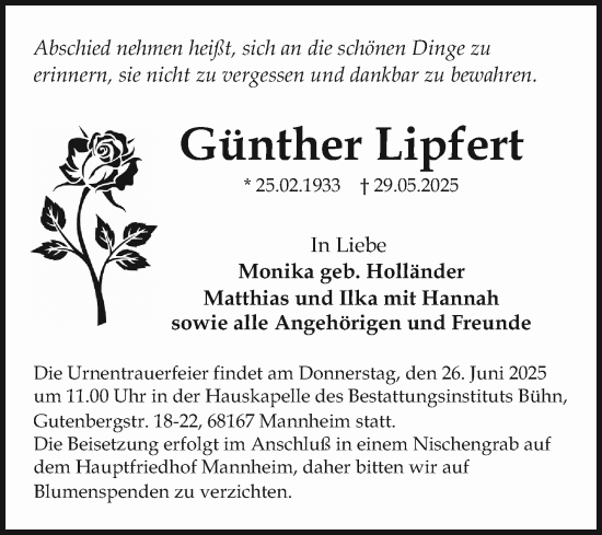 Traueranzeige von Günther Lipfert von Mannheimer Morgen