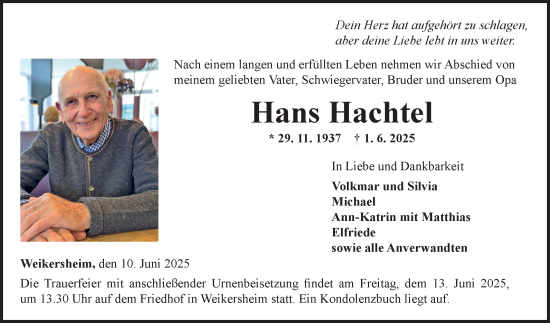 Traueranzeige von Hans Hachtel von Fränkische Nachrichten