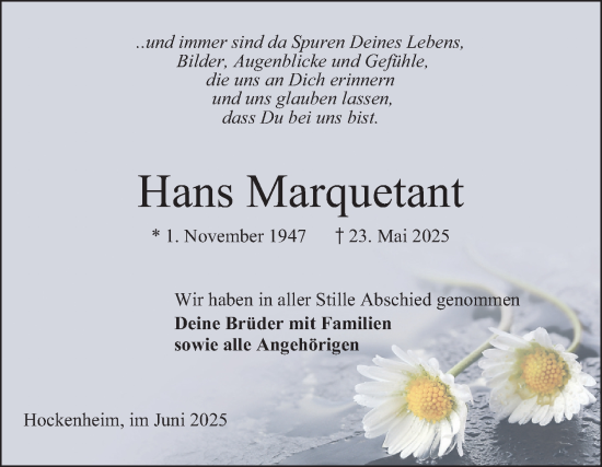Traueranzeige von Hans Marquetant von Schwetzinger Zeitung