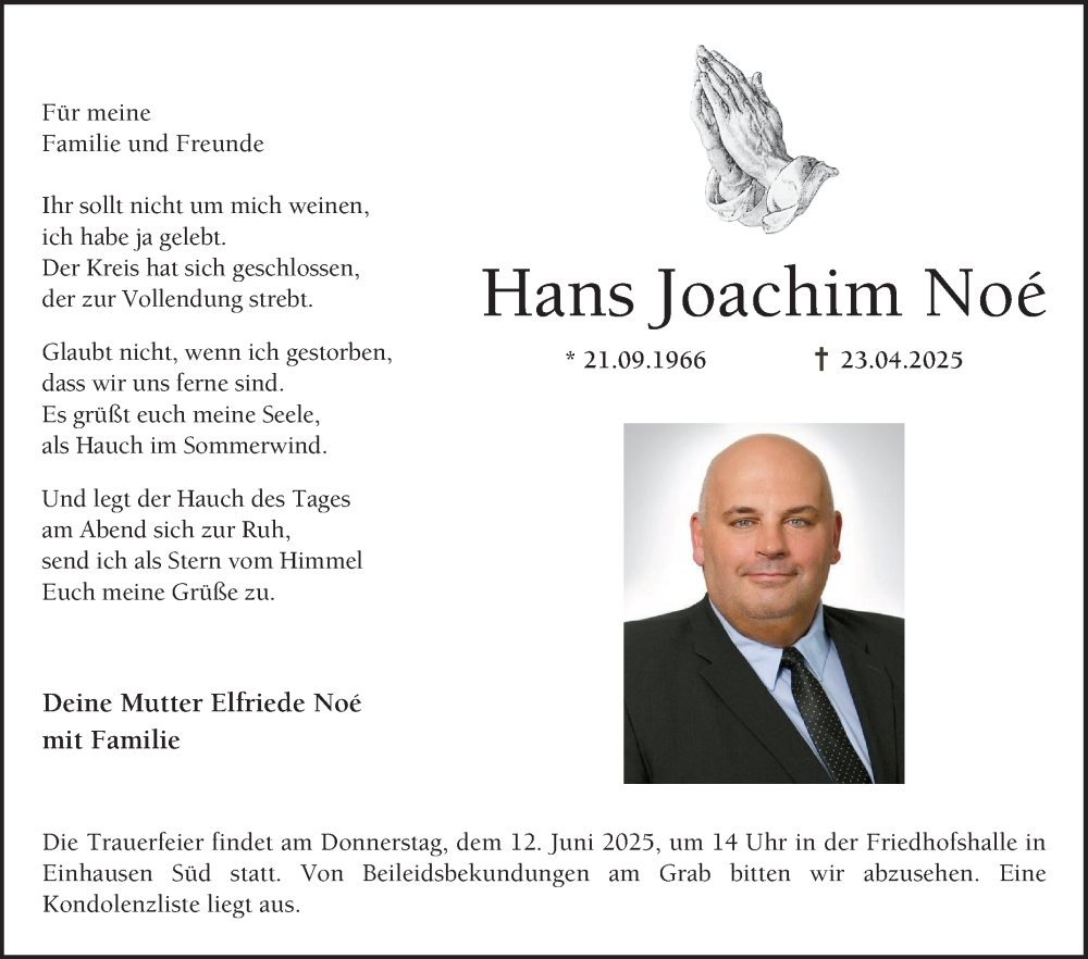  Traueranzeige für Hans Joachim Noé vom 07.06.2025 aus Bergsträßer Anzeiger