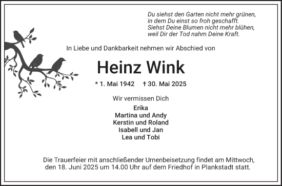 Traueranzeige von Heinz Wink von Schwetzinger Zeitung