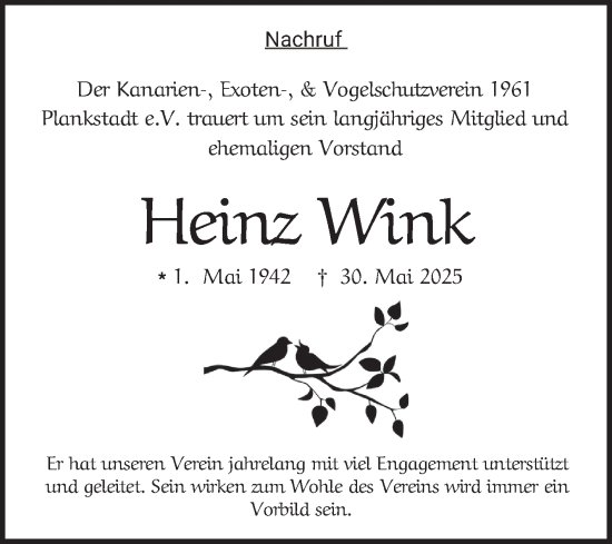Traueranzeige von Heinz Wink von Schwetzinger Zeitung