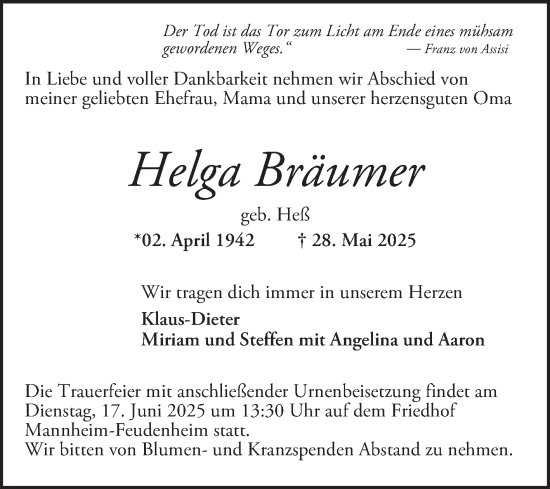 Traueranzeige von Helga Bräumer von Mannheimer Morgen