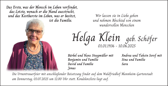 Traueranzeige von Helga Klein von Mannheimer Morgen