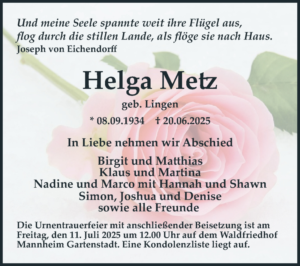  Traueranzeige für Helga Metz vom 28.06.2025 aus Mannheimer Morgen