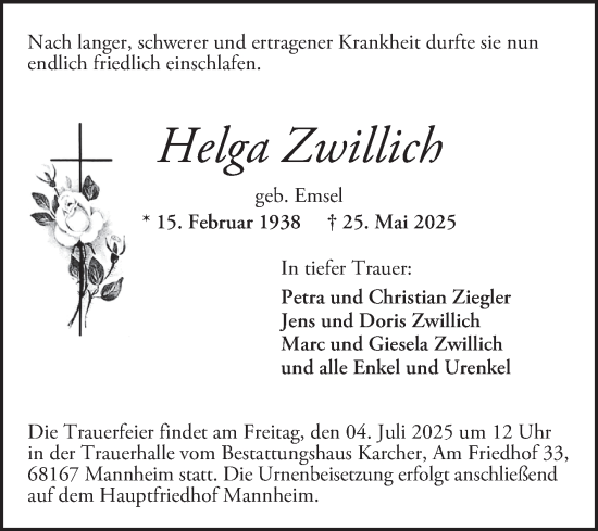 Traueranzeige von Helga Zwillich von Mannheimer Morgen