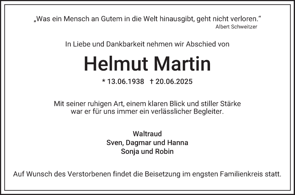 Traueranzeige für Helmut Martin vom 28.06.2025 aus Schwetzinger Zeitung