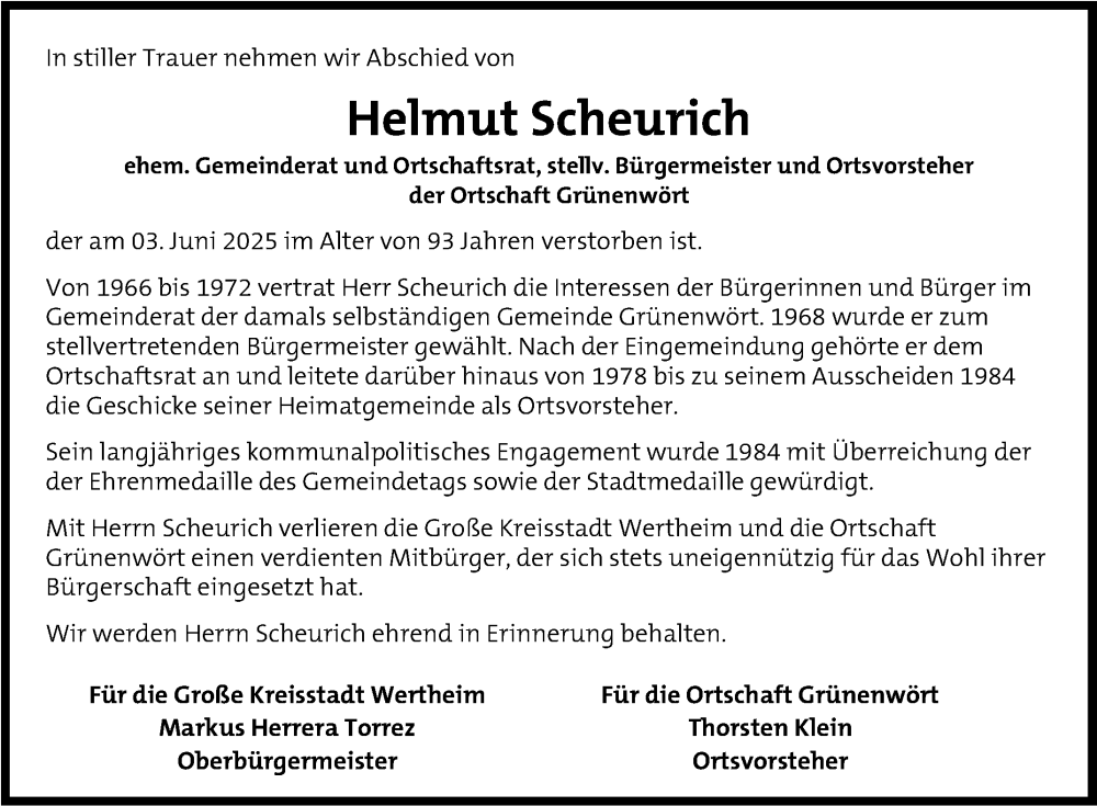  Traueranzeige für Helmut Scheurich vom 14.06.2025 aus Fränkische Nachrichten