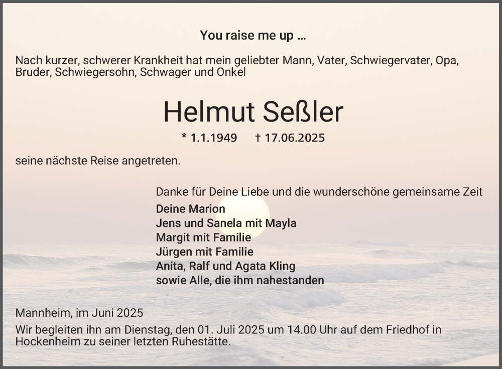  Traueranzeige für Helmut Seßler vom 21.06.2025 aus Schwetzinger Zeitung