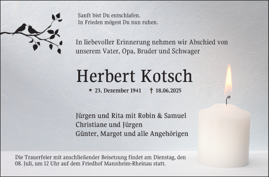 Traueranzeige von Herbert Kotsch von Mannheimer Morgen