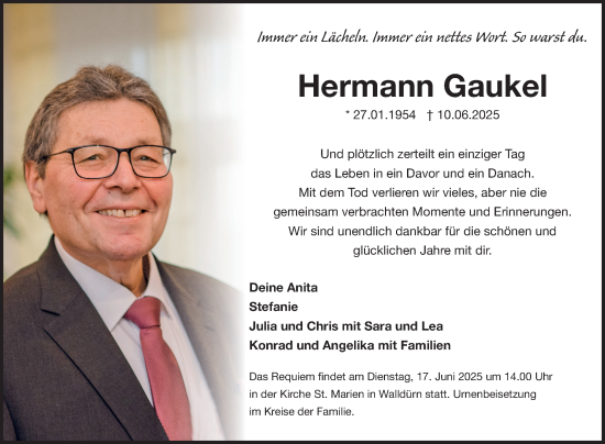 Traueranzeige von Hermann Gaukel von Fränkische Nachrichten