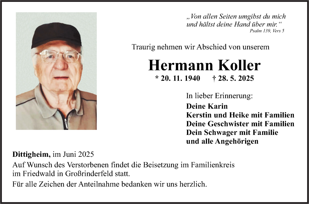  Traueranzeige für Hermann Koller vom 07.06.2025 aus Fränkische Nachrichten
