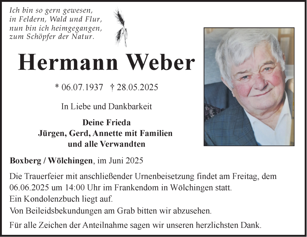  Traueranzeige für Hermann Weber vom 03.06.2025 aus Fränkische Nachrichten