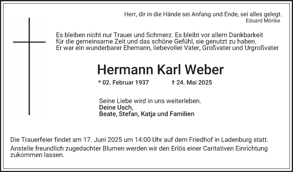  Traueranzeige für Hermann Karl Weber vom 07.06.2025 aus Mannheimer Morgen