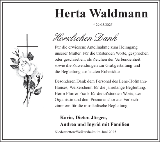Traueranzeige von Herta Waldmann von Fränkische Nachrichten
