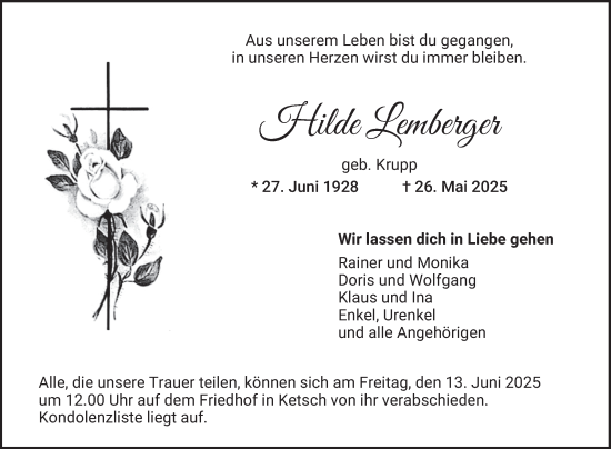 Traueranzeige von Hilde Lemberger von Schwetzinger Zeitung