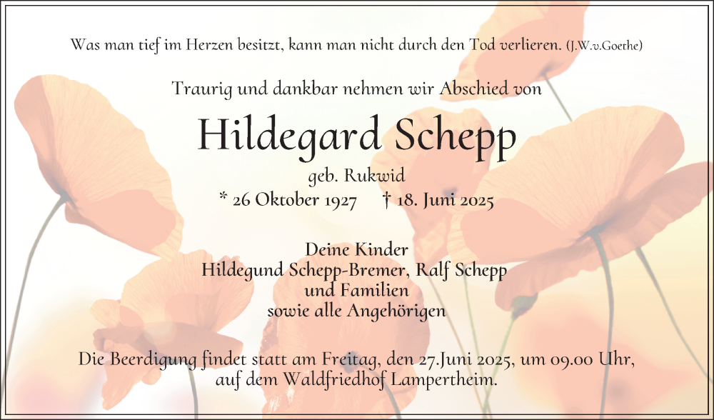  Traueranzeige für Hildegard Schepp vom 25.06.2025 aus Mannheimer Morgen